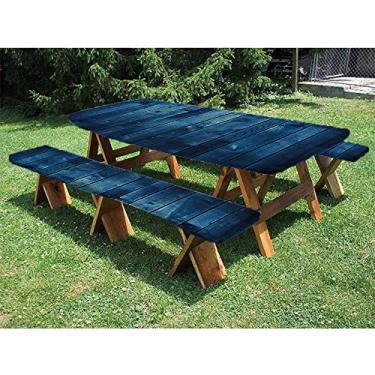 Imagem de Toalha de mesa de piquenique e banco de poliéster azul escuro de 182,88 cm, tábua de imagem com textura de madeira, madeira rústica, para festas de piquenique ao ar livre, 71 x 182 cm, azul escuro