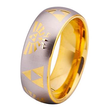 Imagem de CLOUD DANCER Anel de tungstênio masculino com estampa de laser com tema de jogo dourado de 8 mm de largura e anel triforce com gravação personalizada, Metal, Sem pedra preciosa
