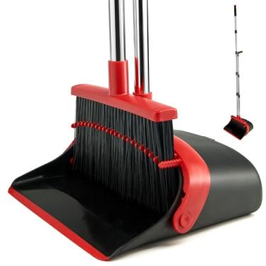 Imagem de XXFLOWER Conjunto de vassoura e pá de lixo para casa, conjunto de vassoura com dentes de limpeza de pá de lixo, vassoura interna com cabo longo para escritório, casa, cozinha, lobby (preto vermelho)