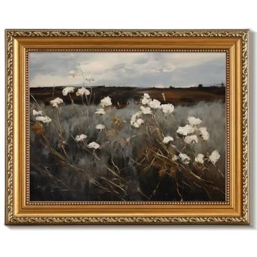 Imagem de uniro Arte de parede vintage emoldurada em ouro para decoração de casa, pintura a óleo de paisagem de flores silvestres mal-humoradas, decoração de parede clássica de outono escuro, imagens estéticas
