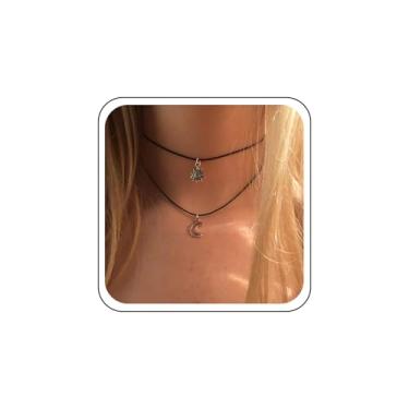 Imagem de TseanYi Colar gargantilha de couro preto em camadas, sol, lua e estrela, pingente de veludo, colares curtos de couro fino, dourado, estrela, lua, berloque, colares, Zinco, Sem Pedra Preciosa