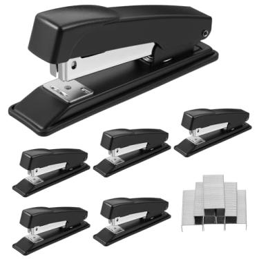 Imagem de PEOVLVN Pacote com 6 grampeadores para mesa, grampeador de mesa de metal resistente com capacidade para 20 folhas com 2000 pregos para material de escritório e sala de aula (preto)