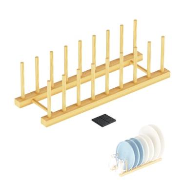 Imagem de BusyePa Escorredor de pratos de bambu, organizador de pratos para armário de cozinha, suportes verticais de tampa para pratos, copos, tábuas de corte, armário de utensílios ou armazenamento de bancada