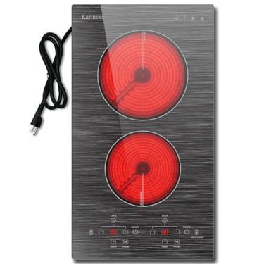 Imagem de Karinear Fogão elétrico de 2 bocas 110 V, bancada de 30 cm e topo de fogão elétrico embutido, fogão de cerâmica plug-in com trava de segurança infantil, temporizador, pausa, superfície de vidro lisa