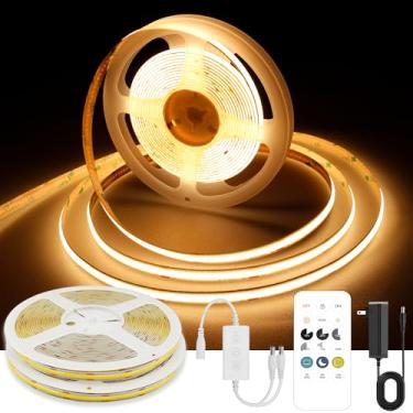 Imagem de AXMOTUT Fita de LED COB de 20 metros, branco quente, tiras de LED de alto brilho com 320 LEDs, controle remoto RF e fonte de alimentação UL, luzes de LED reguláveis de 2700 K para quarto, cozinha