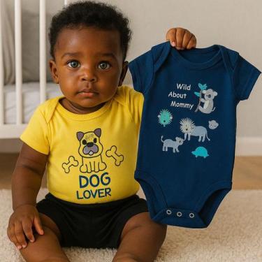 Imagem de Roupa bebe 2 Body maga curta + 1 Shorts com punho algodão kit 3 peças 