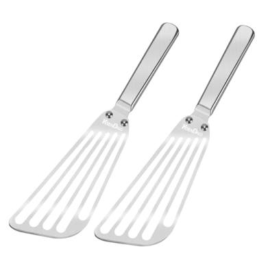 Imagem de KSENDALO Espátula de peixe flexível de aço inoxidável - Flipper de ovo fino com fenda com alça rebitada, lâmina angular e aderência oca, espátula de metal para cozinhar panquecas de ovo de peixe