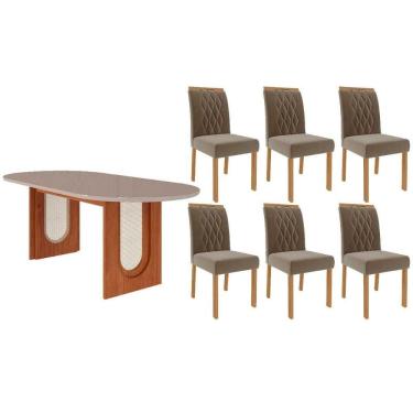 Imagem de Mesa Cozinha Valentina Tampo Madeirado Oval c/ Vidro 210x100cm e 6 Cadeiras Juliana Cinamomo/Off White - Madeirado/Suede Jo-Cimol