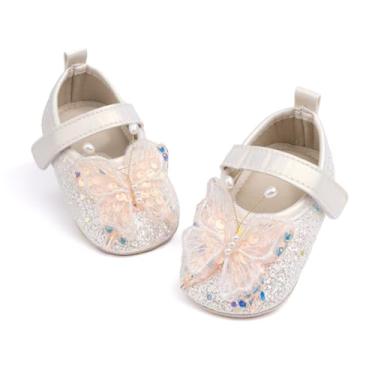 Imagem de Bellocasa Baby Mary Jane Sapatilhas para meninas com laço de algodão sola antiderrapante primeiro andador vestido princesa berço sapatos de casamento, D01/prata-branco, 12-18 Months Toddler