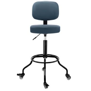 Imagem de CoVibrant Banco de garagem resistente com encosto ergonômico – rodas de borracha bloqueáveis e apoio para os pés alto, rotação de 360°, altura ajustável para bancada de trabalho, capacidade de 158 kg