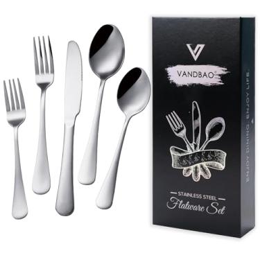 Imagem de VANDBAO Conjunto de talheres de prata com 20 peças, utensílios coloridos de aço inoxidável, serviço de mesa para 4, inclui faca/garfo/colher, reutilizável, polido com espelho, pode ser lavado na