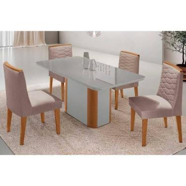 Imagem de Conjunto Sala de Jantar Pietá c/ Tampo Madeirado c/ Vidro Canto Curvo 120x80cm e 4 Cadeiras Maldivas Madeira Maciça Naturale/Off White - Capuccino/Lin