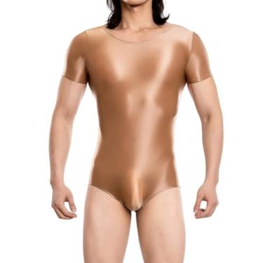 Imagem de SEAUR Body masculino brilhante justo unitard roupa íntima de manga curta collant brilhante lingerie elástica macacão, Marrom, M