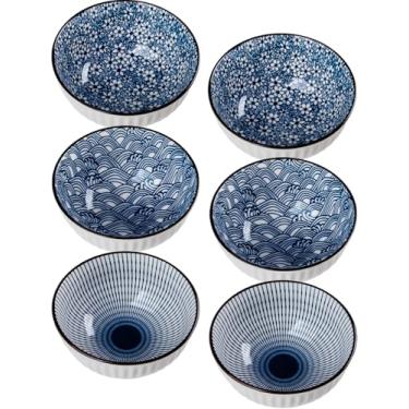 Imagem de Yuanlity Conjunto de 6 tigelas de cerâmica pequenas de 293 g, tigelas japonesas azuis e brancas de 11 cm para sorvete, arroz, sobremesa, lanche, mergulho, micro-ondas e lava-louças - padrão de mistura