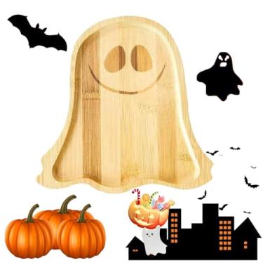 Imagem de AQUGOO 1 prato de bambu reutilizável, placa de charcutaria de bambu com design fantasma de 19,8 cm, suprimentos para festa de Halloween, pratos de queijo para sobremesa, prato decorativo de outono