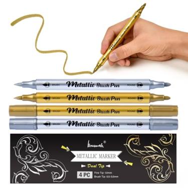 Imagem de Brusarth Canetas marcadoras metálicas, prata e dourada, de ponta dupla, canetas de tinta acrílica para papel preto, artesanato de álbuns, álbum de fotos, pintura rupestre, vidro, fabricação de cartões