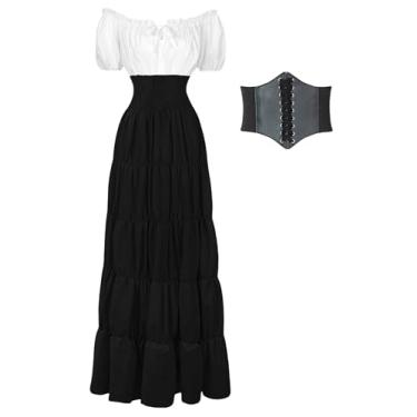 Imagem de Fantasia de Halloween Renascentista Medieval Pirata Viking Vitoriana Feminina Cottage Core Chemise Dress, Preto, XX-Large