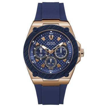 Imagem de GUESS Relógio Esportivo Masculino de Silicone de Aço Inoxidável, 45 mm, Resistente à Água até 100 Metros, Quartzo Japonês, Azul e Ouro-Rosa