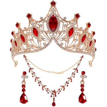 Imagem de Gvhntk Conjunto de 3 peças de coroa de rainha barroca - Tiara, brincos, colar, faixa de cabeça de cristal - Coroa de princesa de strass preto para casamento, noiva, baile, acessórios de fantasia de