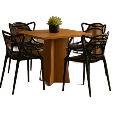 Imagem de Mesa De Jantar Quadrada 90x90cm Com 4 Cadeiras Allegra Pretas Base De Madeira Design Moderno