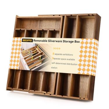 Imagem de BIEOFFEI Organizador de gaveta de talheres de madeira de acácia, bandeja de talheres ajustável para utensílios de cozinha, caixa de armazenamento de talheres com 5 divisórias removíveis (8