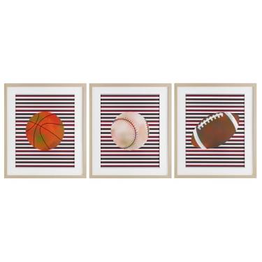 Imagem de Stupell Industries Conjunto de 3 peças com estampa emoldurada de bétula com listras e bolas esportivas, design por Marcus Prime, 40,6 x 33,5 cm