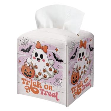Imagem de Porta-caixa de lenços de Halloween para doces ou travessuras, capa quadrada de caixa de lenços de couro de abóbora fantasma fofo, organizador de papel facial, suporte de papel higiênico para banheiro