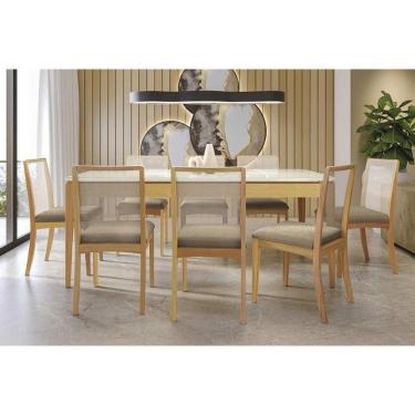 Imagem de Conjunto Sala de Jantar Mira Premium Madeira Maciça c/ Tampo Madeirado c/ Vidro 200x100cm e 8 Cadeiras Lara Carvalho/Off White - Boucle Bege Fendi-Kap