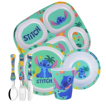 Imagem de Jogo Refeição Infantil Melamina Stitch Disney Pratos, Tigela, Copo E Talheres Inox - Tuut