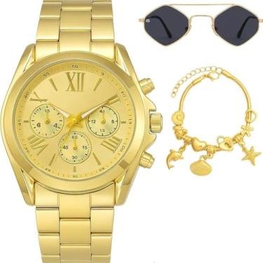 Imagem de Relogio Inoxidavel Dourado Feminino + Pulseira Caixa Colar banhado moda preto presente aco