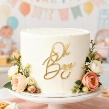 Imagem de Gold Acrylic Oh Boy Cake Topper, Baby Boy Cake Topper Baby Shower Cake Decorations Boy Birthday Cake Charm for Gender Reveal Party Decoration