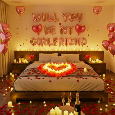 Imagem de HyDren O kit de balões Will You Be My Girlfriend inclui balões em forma de coração de 45,7 cm e velas de LED com 2400 peças de pétalas de rosa, kit de decoração romântica para ela (ouro rosa)