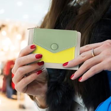 Imagem de Carteira feminina pequena, porta-cartão de crédito de couro dobrável com bolso para moedas com zíper e compartimento para identidade, carteira fina, Verde, Bonito