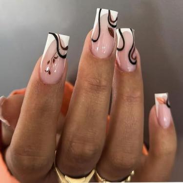 Imagem de Kit de unhas curtas médias quadradas, unhas falsas brancas com design de folhas, cola de gel nas unhas para mulheres, cobertura completa, bastão falso artificial acrílico para casamento, 24 peças em