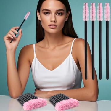 Imagem de 100 pincéis de cílios descartáveis, kits de maquiagem aplicadores de varinhas de rímel, pincéis de spoolies de cílios para extensões de cílios e sobrancelhas (preto/rosa)