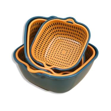 Imagem de Cesta de lavagem de vegetais, drenagem de camada dupla suspende rapidamente coador de frutas multifuncional com alça lateral PP cesta de frutas para cozinha (azul e amarelo)