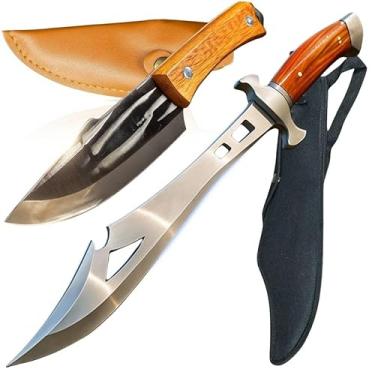 Imagem de Kit Faca Artesanal Aço Inox Cabo Madeira e Facão Tático Forjado 50cm Roça Pesca Camping Caça Sobrevivência Mato com Bainhas