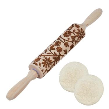 Imagem de DICOSMETIC Rolo de massa de madeira em relevo, rolo de massa de Natal com padrão de 35 cm para assar utensílios de cozinha de Natal para assar biscoitos em relevo, pastelaria, waffles (padrão floral)