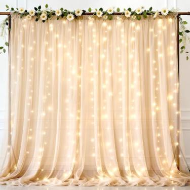Imagem de Ledido Cortina de fundo de 300 LEDs com cordão de luzes, 6 peças, cenário champanhe, 1,5 x 3 m, cortinas transparentes para festas de aniversário, casamento, chá de bebê, decoração de fundo