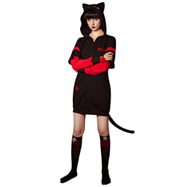 Imagem de Emily the Strange Vestido de pijama feminino preto vermelho com capuz e mangas compridas com capuz, Preto, X-Large