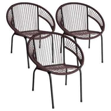 Imagem de Kit 3 Cadeira De Área Eclipse Tramado Fibra Sintética E Aço Tabaco