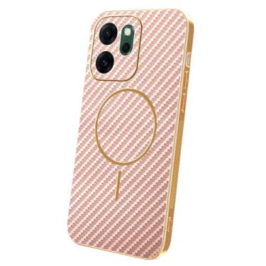 Imagem de HAOMRIYL Capa magnética para Oppo Find X9/X9pro, lente de câmera, proteção à prova de choque, capa de couro, textura de fibra de carbono, borda galvanizada, rosa, X9Pro
