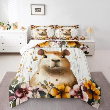 Imagem de Jogo de cama casal com estampa de capivara, estampa de animais roedores, temática natural de animais selvagens vintage para crianças, meninas, meninos, lençol com estampa de animais selvagens
