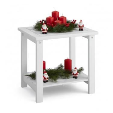 Imagem de DPWOODON Mesa lateral externa de 2 camadas, mesa de canto resistente ao clima com prateleira de armazenamento, mesa de centro de madeira para interior, quintal, jardim, cama, sala de estar (branca)