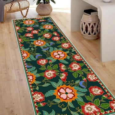 Imagem de Tapete de corredor floral boêmio para corredores 0,8 x 2,4 m, tapetes longos laváveis florais gloriosos, flores vintage, pilha baixa, antiderrapante, para banheiro, boho, fino, resistente, tapete de