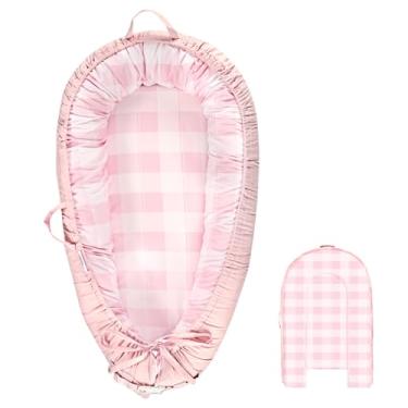 Imagem de DILIMI Capa de espreguiçadeira de bebê, capa de substituição de ninho de bebê de algodão para meninas e meninos, capa macia respirável reversível para espreguiçadeiras para recém-nascidos, xadrez rosa