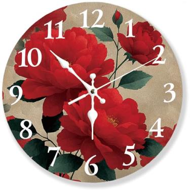 Imagem de ubcindy Relógio de parede de rosas vermelhas florescendo silencioso sem tique-taque 30,5 cm, operado por bateria, relógios de parede redondos de madeira com flores vermelhas, decorativo para sala de