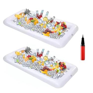 Imagem de 2 peças de refrigerador inflável flutuante de gelo para festas na piscina, bandeja de servir ao ar livre com plugue de drenagem, mantém as bebidas frias, fácil de soprar para bar e bebidas buffet