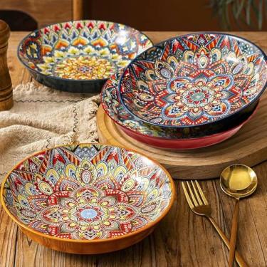 Imagem de YELLOYA Tigelas decorativas boêmias para salada, frutas, macarrão e jantar, conjunto de pratos de servir para festas, lava-louças e micro-ondas (laranja + vermelho + azul + verde, 20 cm)