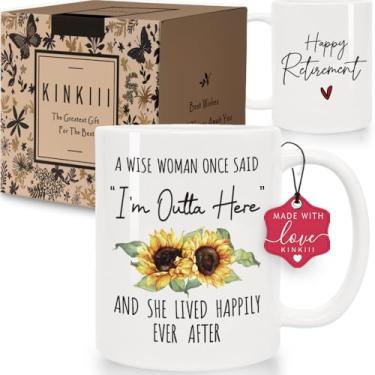 Imagem de Kinkiii Caneca de café divertida de aposentadoria presentes para mulheres "A Wise Woman Once Said I'm Outta Here", presente feliz de aposentadoria para avó, mãe, colega de trabalho, enfermeira